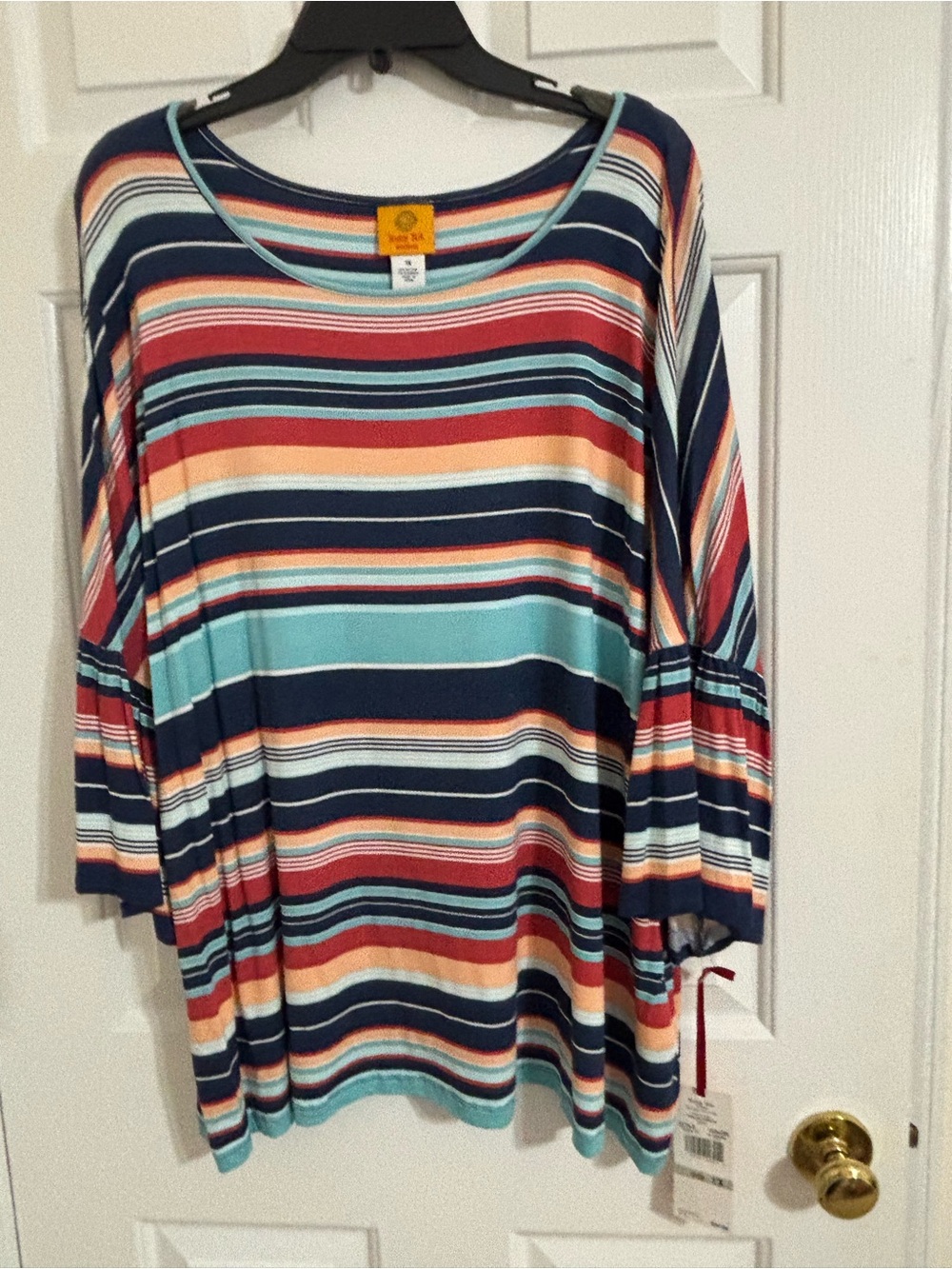 Ruby Rd. Scoop Neck Multi-Stripe Tunic - Navy, Coral & Aqua